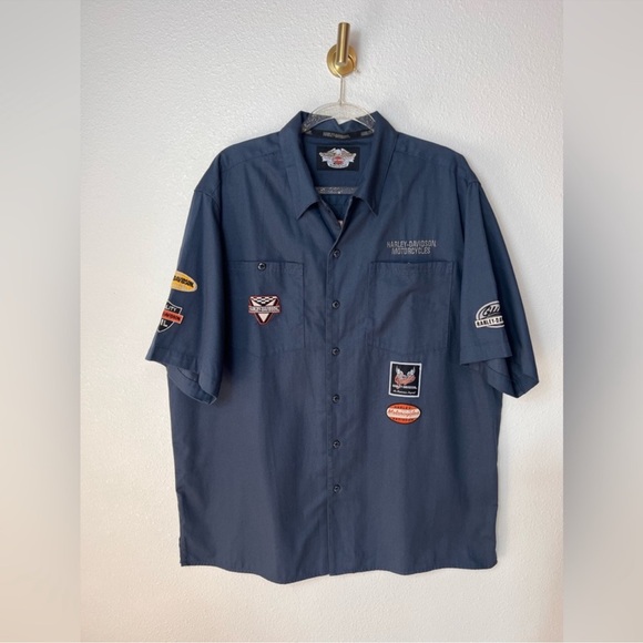 Harley-Davidson Garage Shop Patch Snap Button Down Short Sleeve Shirt